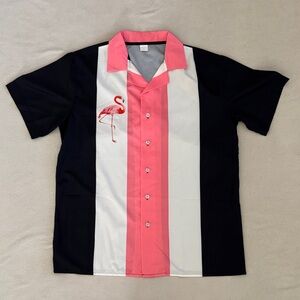 Retro Bowling Flamingo Button Up Short Sleeved Shirt Men's Size LG
